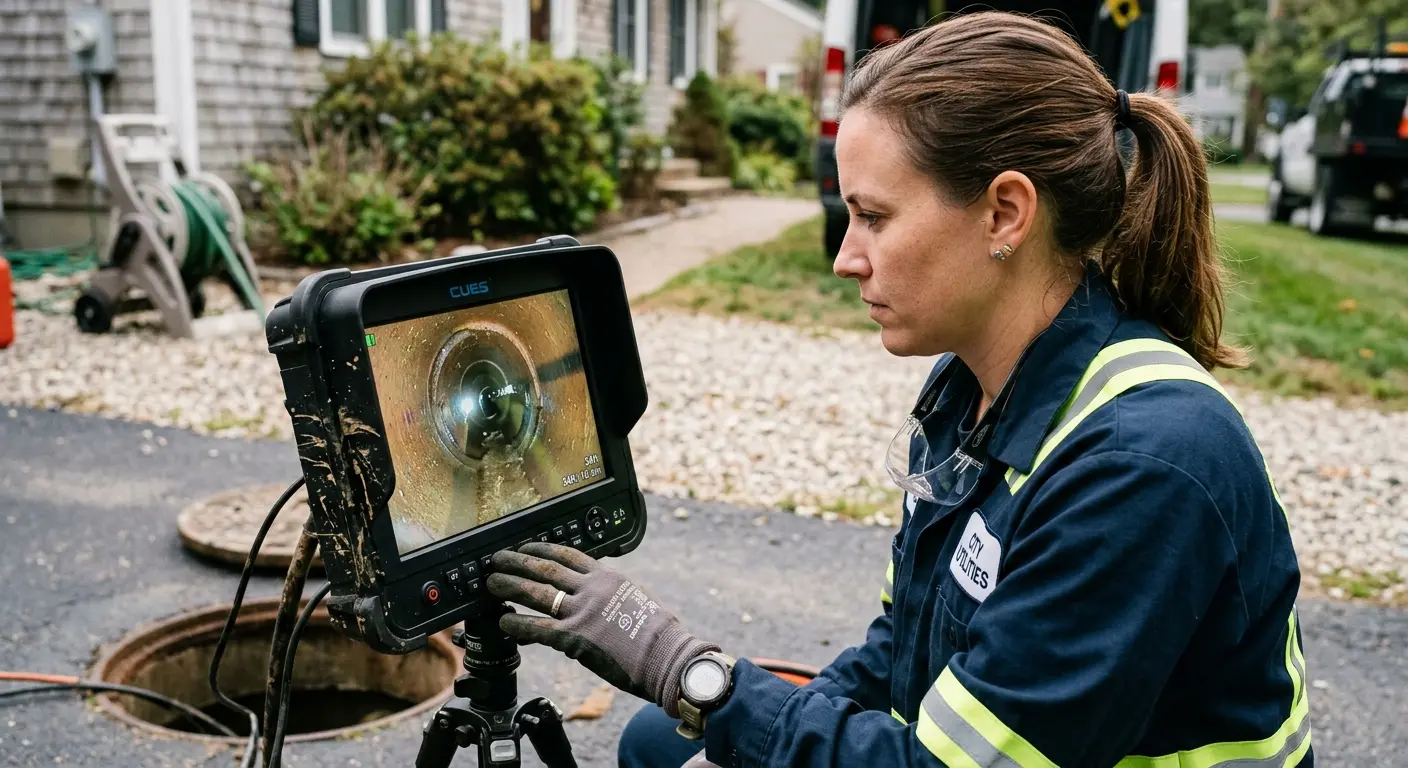 Technician reviewing sewer camera inspection footage in Portsmouth