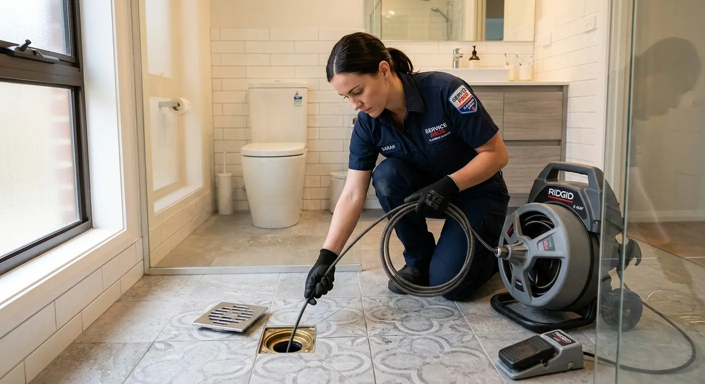 Technician clearing a bathroom floor drain for Clogged Drain Repair in Portsmouth